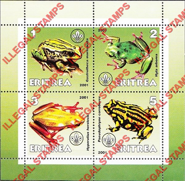 Eritrea 2001 Frogs Counterfeit Illegal Stamp Souvenir Sheet of 4 Eritrea 2001 Frogs Counterfeit Illegal Stamp Souvenir Sheet of 4
